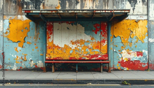 An abandoned bus stop with peeling paint and weathered walls, evoking a sense of urban decay and neglect.