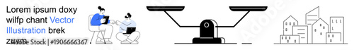 Business strategy, equality, urban planning, collaboration, legal judgment, research presentation. Professional discussion, scales of justice and building outlines. Business strategy and equality