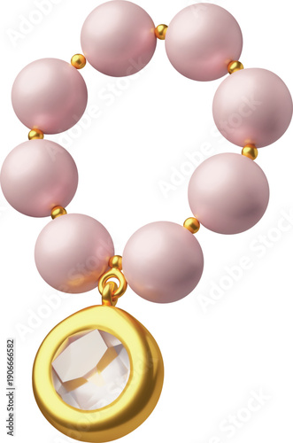 Fotografía 3D pearl necklace with a gold round diamond pendant.