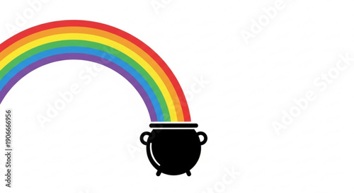 Rainbow ending in a pot of gold symbolic cauldron with handles vibrant colors simple illustration