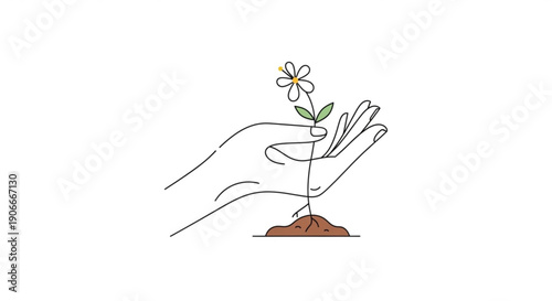 Hand nurturing a blooming flower with green leaves and delicate petals in simple line art style