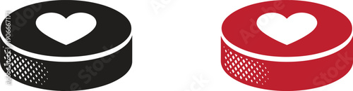 Heart Shape Hockey Puck Silhouette, Valentine’s Day Love Ice Hockey Concept Minimal Vector Illustration