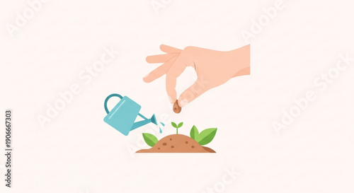 Hand planting seed with watering can nurturing growth in fertile soil