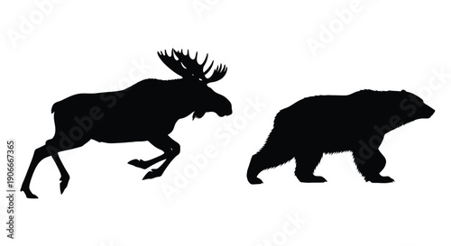 Black silhouettes of a moose and bear running together silhouette