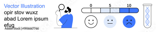Mental health, feedback systems, genetic analysis, wellness tracking, sentiment evaluation, healthcare concepts. A person thinking, a 0 to 10 scale emotion faces and a DNA symbol. Mental health