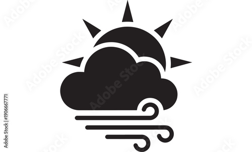 Weather icon with sun behind cloud and wind gust lines, black silhouette symbol for forecast apps, UI buttons, meteorology websites, and climate infographic design
