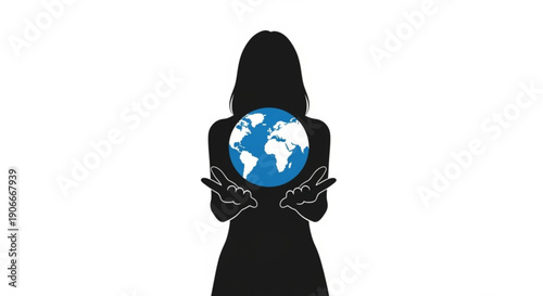 Silhouette of person holding blue globe with white continents against white background