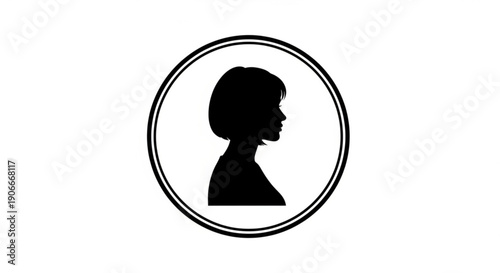 Silhouette of a woman's profile in a double lined circular frame on white background