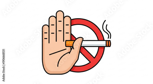Hand holding cigarette with stop sign symbolizing no smoking gesture in flat design illustration