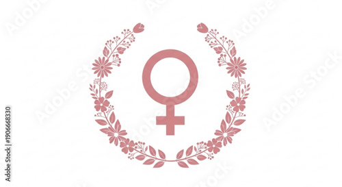 Female symbol in pink floral wreath on white background representing feminism and women's rights