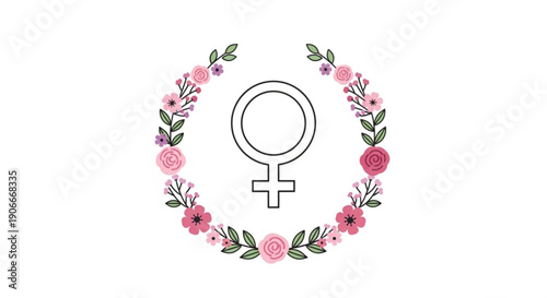 Female symbol surrounded by pink flowers and leaves in a circular wreath design