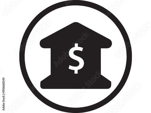 Bank icon with dollar sign inside building silhouette, black and white circular badge, minimal flat finance symbol for banking, savings, loans, payments, and money apps