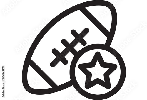 Award badge with star icon and rugby ball symbolizing achievement in sports, black outline on white background featuring simple, design, graphics with symbol and recognition elements for logo,