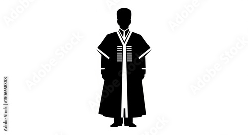 Man in traditional robe standing confidently with hands in pockets black and white illustration simple background