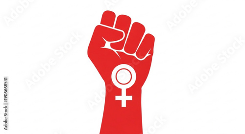 Raised fist with female symbol in red color on white background for feminism and equality