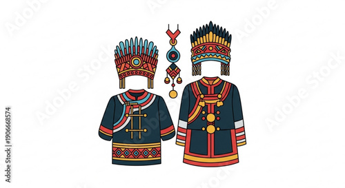 Traditional tribal costumes and headdresses with jewelry on white background