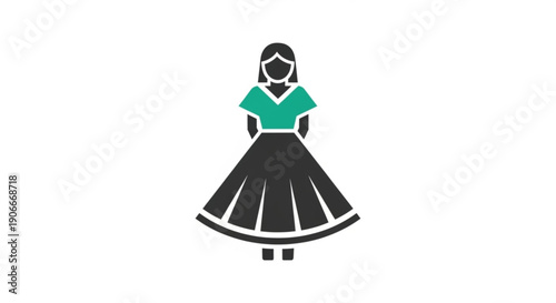 Woman wearing traditional dress with green blouse and black skirt standing against white background