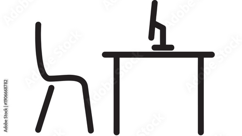 Desk icon with computer monitor and chair, simple minimalist black design featuring office, workspace, furniture with graphic and workplace elements for workstation, modern projects, clean