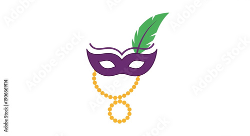 Purple mardi gras mask with green feather and gold beads on white background