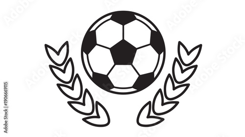 Soccer ball emblem icon with laurel wreath branches, minimal black and white line art logo, sport tournament badge design isolated on white background