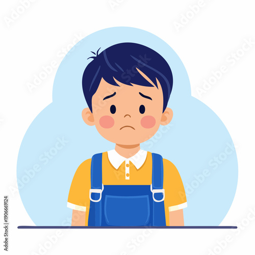 Minimal flat cartoon vector illustration of a single child character feeling sad