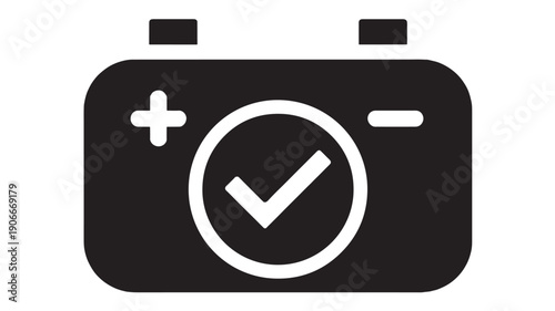 Camera icon with checkmark and plus sign on black background for approval featuring white, confirmation, photography with graphic and simple elements for minimalist, design projects, clean