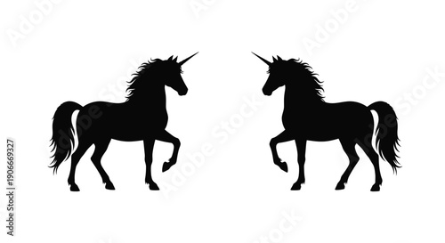 Two black unicorns stand facing each other a striking silhouette