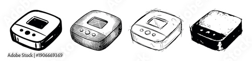 Set of four hand-drawn illustrations of a generic smart home device, showcasing different artistic styles from clean line art and detailed crosshatching to a rough ink sketch