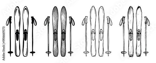 Four sets of hand-drawn skis and poles showcase different black and white illustration styles, from simple line art to detailed cross-hatching for a vintage, sporty feel