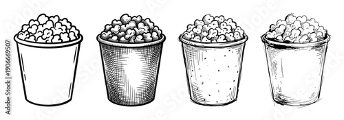 Four hand-drawn popcorn buckets in various sketch styles, a monochrome collection of cinema snacks illustrated with different hatching and line art techniques for a retro feel
