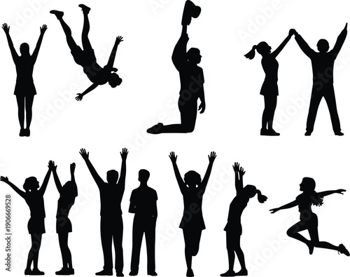 Vector, black, silhouette, illustration, set, of, various, cheerleaders, and, athletes, performing, flips, jumps, 