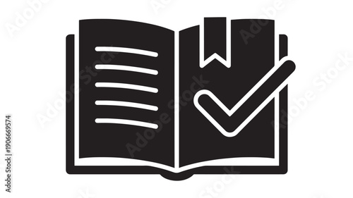 Book icon with check mark and bookmark tab, black solid glyph on white background, education concept for approval, completed reading, study checklist UI symbol