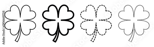 Collection of four-leaf clover icons presented in four different black outline styles, including solid, dashed, and dotted lines, symbolizing luck and St. Patrick's Day