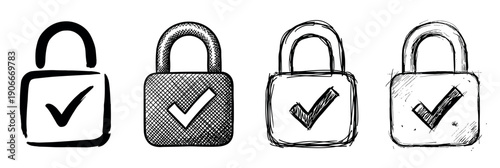 Set of four hand-drawn padlock icons with checkmarks in various sketch and doodle styles, representing security, verification, and successful authentication