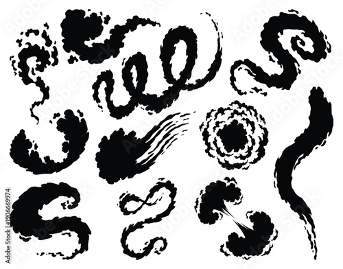 Smoke cloud icons in different forms. Vector special effects of puff and steam clouds, fire blast, smog and fume, dust or vapor template set. Cartoon design white elements of comic book