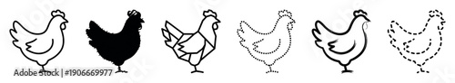 Collection of six black hen icons rendered in multiple graphic styles like solid silhouette, geometric low-poly, brush stroke, dotted outline, and simple dashed line art