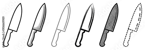 Set of six kitchen knives illustrated in various graphic styles including line art, hatching, dotted, brush stroke, cross-hatching, and dashed outlines for a culinary concept