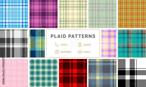 Modern rustic plaid pack created for decor prints. Contemporary tartan style blends tradition and design. Vector clarity enhances detail.
