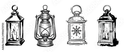 Set of four hand-drawn lanterns in various vintage and rustic styles, including a classic candle holder, an old kerosene lamp, and a winter-themed light with a snowflake