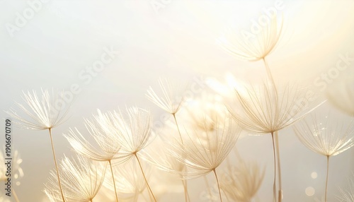 Delicate dandelion seed heads floating in a dreamy ethereal light filled space
