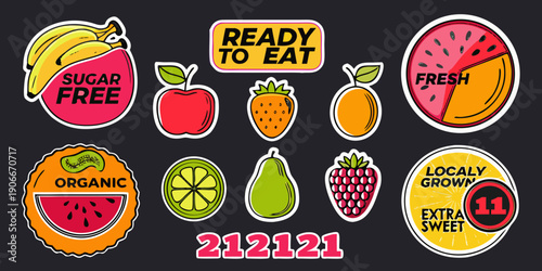 Colorful fruit stickers and labels with health focused text and numbers