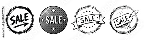 Set of four hand-drawn sale badges in a sketchy doodle style, featuring various black ink designs like a price tag, ribbon, stars, and brush strokes for retail promotion