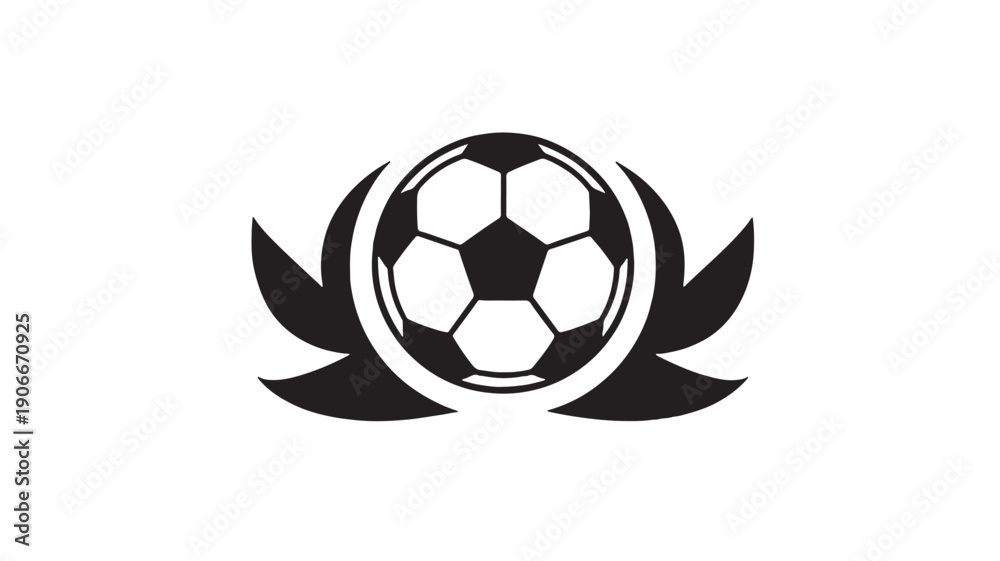 Obraz premium Ball football with laurel wreath icon, monochrome soccer symbol for championship win or victory, black emblem on white background featuring logo, award, achievement with sports and tournament