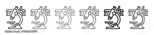 Set of black line icons showing a microscope and school building in various styles like outline, dotted, dashed, and hand-drawn sketch for science and education concepts