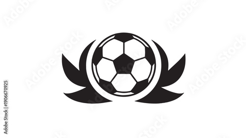 Ball football with laurel wreath icon, monochrome soccer symbol for championship win or victory, black emblem on white background featuring logo, award, achievement with sports and tournament