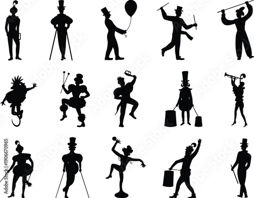 Vector, black, silhouette, illustration, set, of, various, circus, performers, including, musicians, stilt, walkers, 