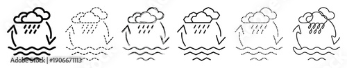 Set of six water cycle icons showing evaporation and precipitation in various minimalist line art styles like hand-drawn, dotted, and geometric