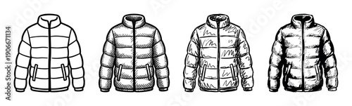 Four black and white puffer jacket illustrations showing a progression from simple line art to a detailed hand-drawn sketch with cross-hatching and shading for a winter apparel concept