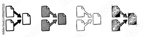 Set of four hand-drawn document merge icons in different sketch styles, illustrating the concept of data consolidation, information gathering, and workflow processing