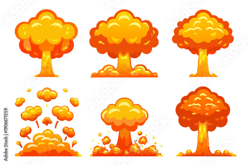 Cartoon explosion effects a series of fiery mushroom shaped blasts